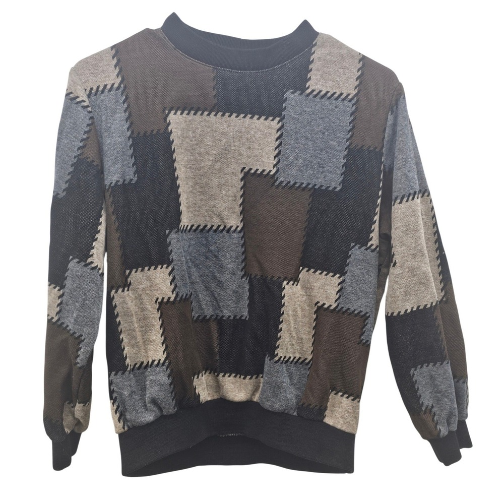 Alfred Dunner Vintage Patchwork Knit Top Brown Grey Geometric Made‎ in USA Small